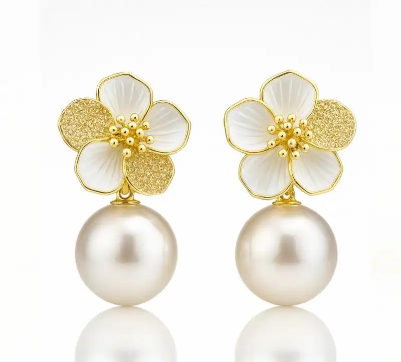 14k Gold Plated Stainless Steel Dangle Pearls with Flower Earrings KST3513