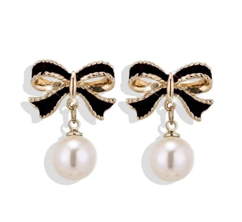 Hanging Earrings, Elegant Pearl Balls with Bows, K1690 Artificial Pearl Ball Earrings with Bows