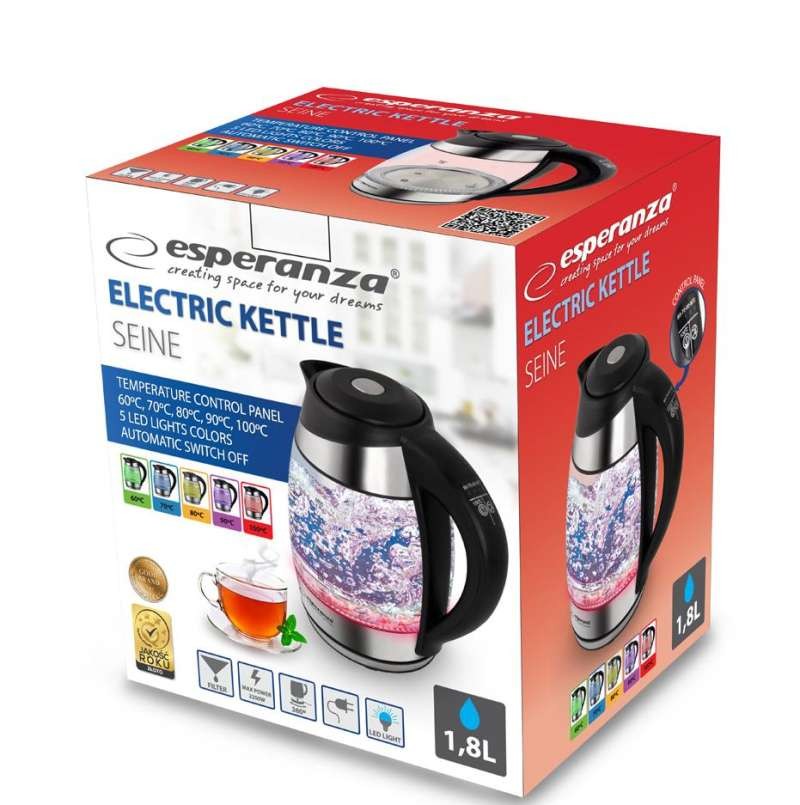 EKK026 Esperanza Electric Kettle Glass LED with Seine Thermometer 1.8L