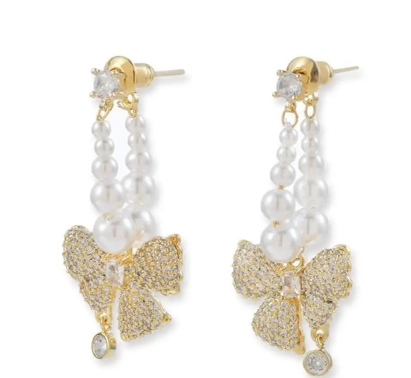 BOW earrings made of stainless steel plated with 14k gold, pearls, stud S925 KST3342