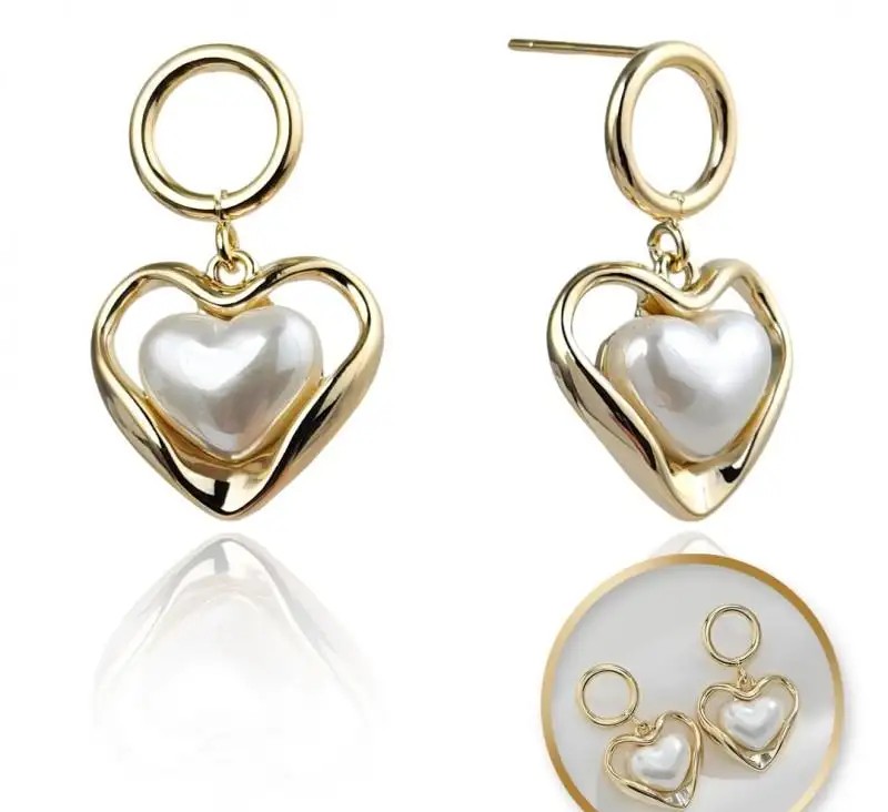 Stainless steel earrings plated with 14k gold, HEART pearls, silver stud S925KST3341