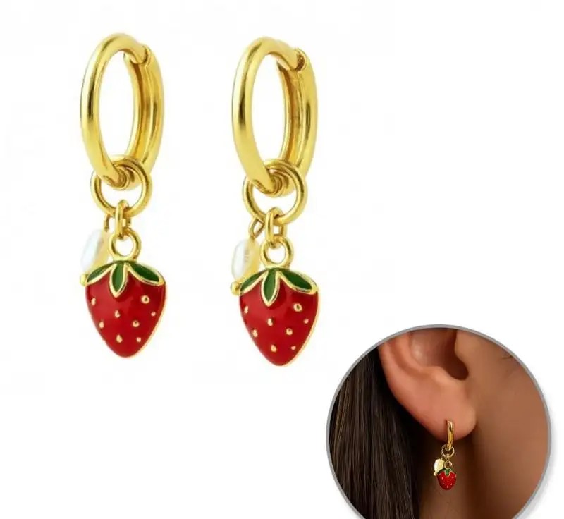 14k gold-plated stainless steel earrings, STRAWBERRIES, red, KST3406
