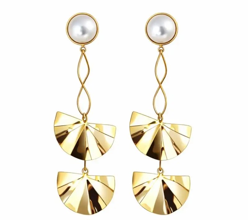14k gold-plated stainless steel earrings, pearls, striking hanging plates KST3505