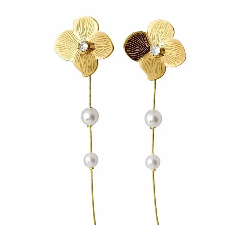 14k gold-plated stainless steel earrings, hanging flowers with pearls KST3508