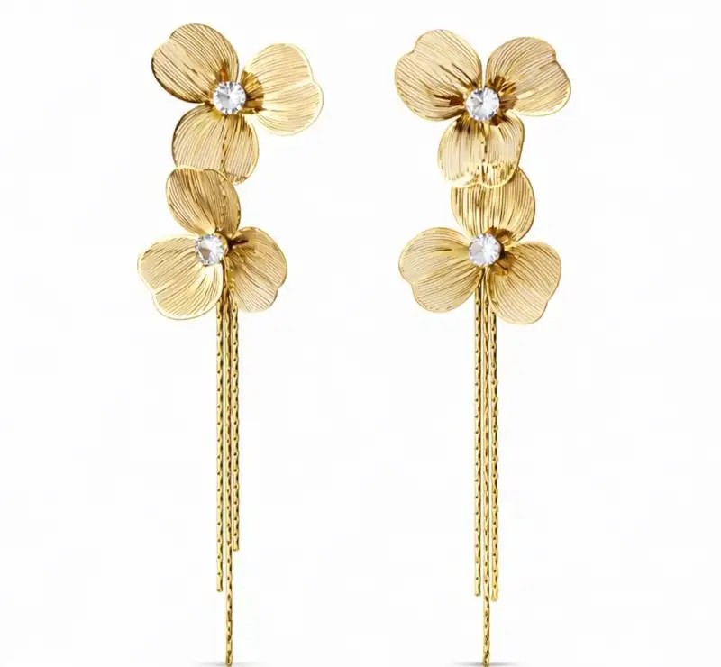 14k gold-plated stainless steel earrings, hanging flowers with cubic zirconia KST3526