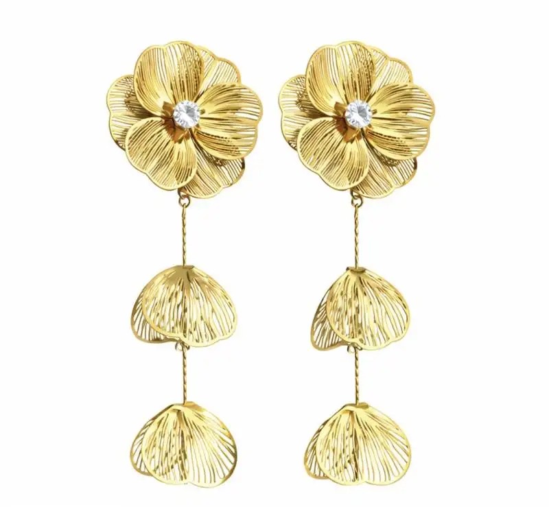 14k gold-plated stainless steel earrings, hanging flowers with cubic zirconia KST3527