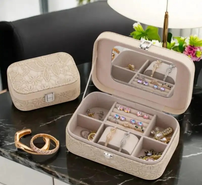 Jewelry Box, Case, Organizer, Cream Lace PD157K ELEGANT JEWELRY BOX WITH LACE TEXTURE