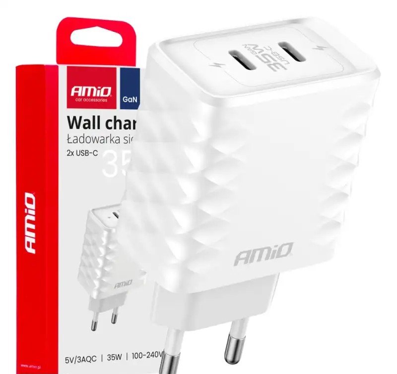 Quick charge 35w 2x usb c 100 240v amio 04288