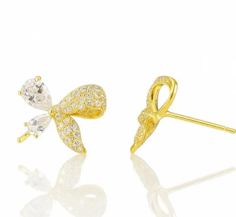 14k gold-plated stainless steel earrings, bow with cubic zirconia KST3494