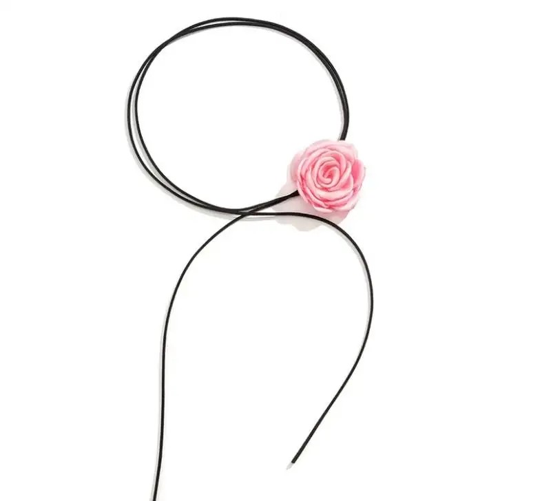 Choker necklace decorative flower rose on a cord elegant powder pink N760R