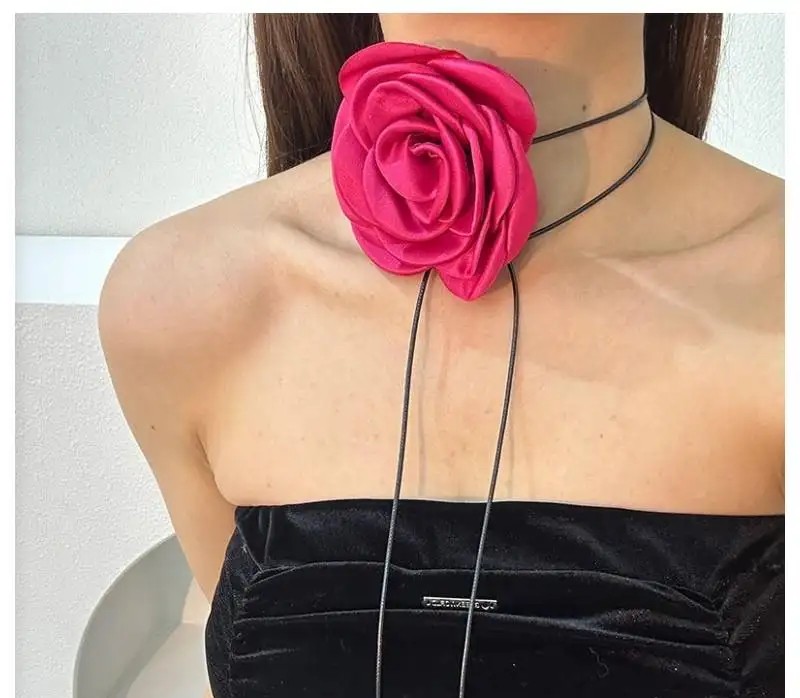 XL choker necklace decorative flower rose on a cord elegant Fuchsia N761F