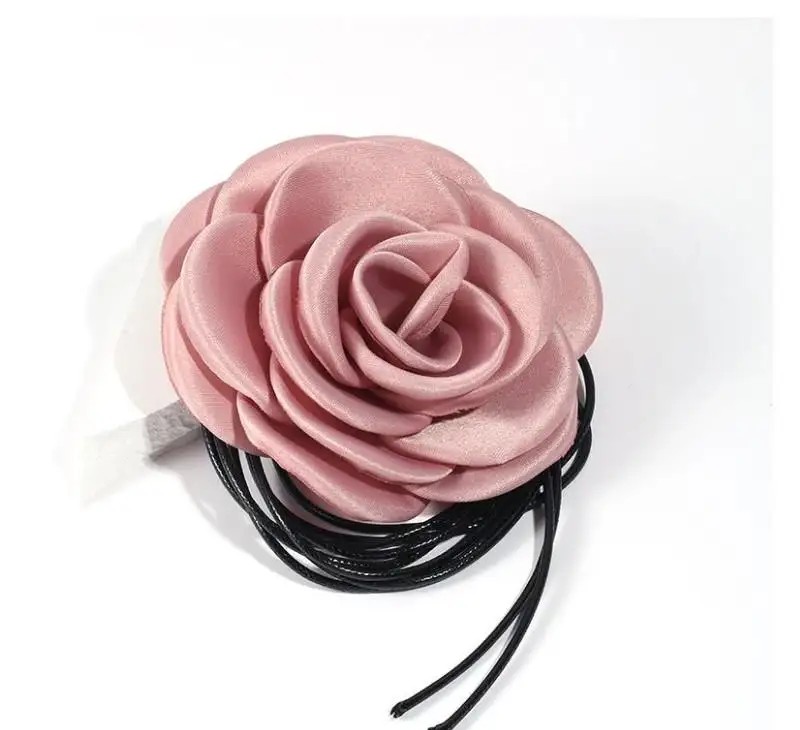 XL choker necklace decorative flower rose on a cord elegant powder pink N761R