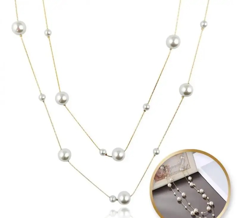 Long double necklace stainless steel gold-plated 14k gold PEARLS NST2189