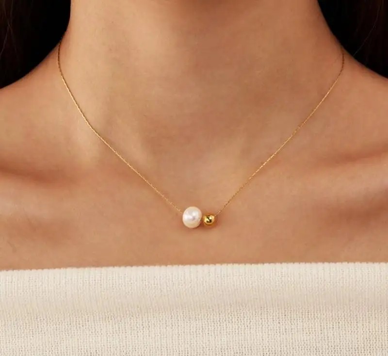 Necklace stainless steel gold-plated with 14k gold, elegant, BALL, PEARL NST2153