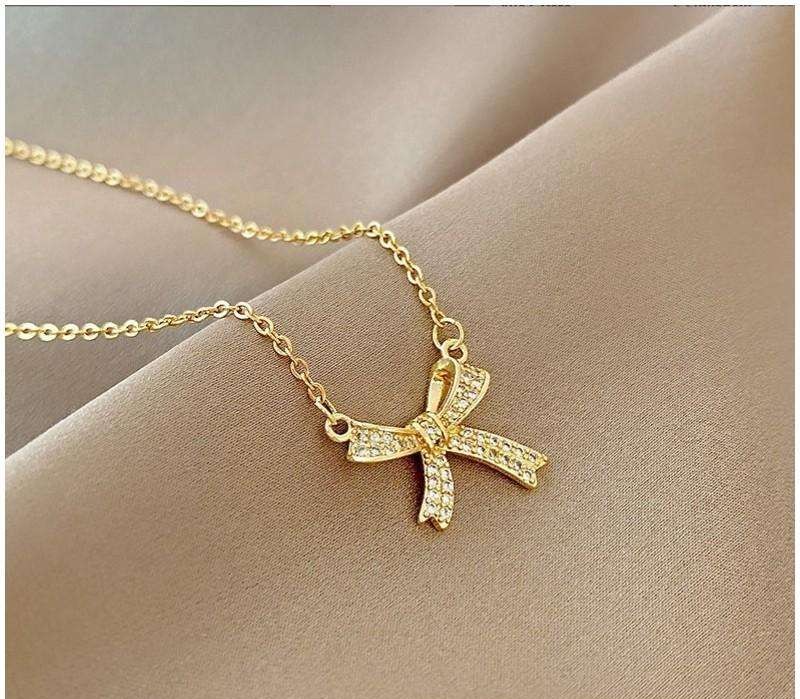 Necklace stainless steel gold-plated 14k gold BOW zircons NST2166