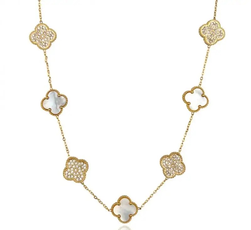 14k gold-plated stainless steel necklace, clovers, mother-of-pearl, cubic zirconia NST2175