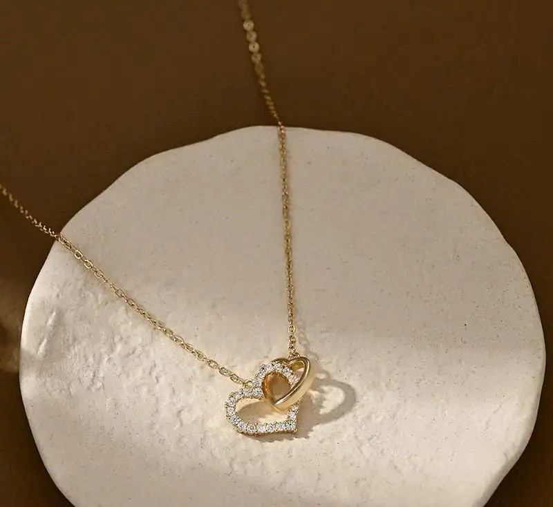 14k gold-plated stainless steel necklace, double HEARTS cubic zirconia NST2197