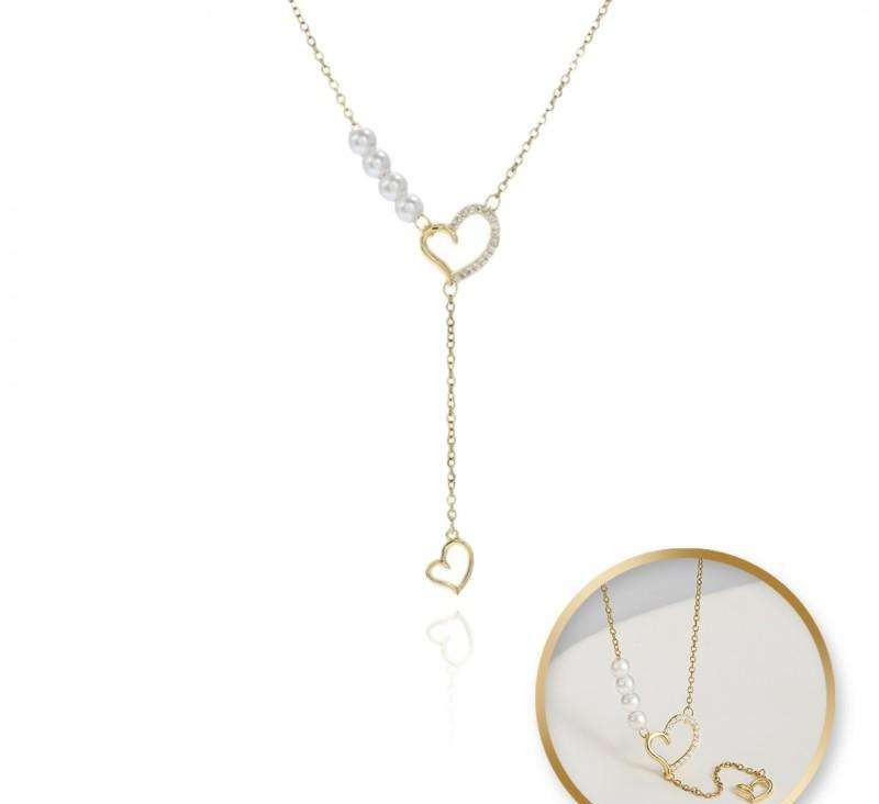 Necklace stainless steel gold-plated 14k gold, HEARTS with cubic zirconia, pearls NST2172