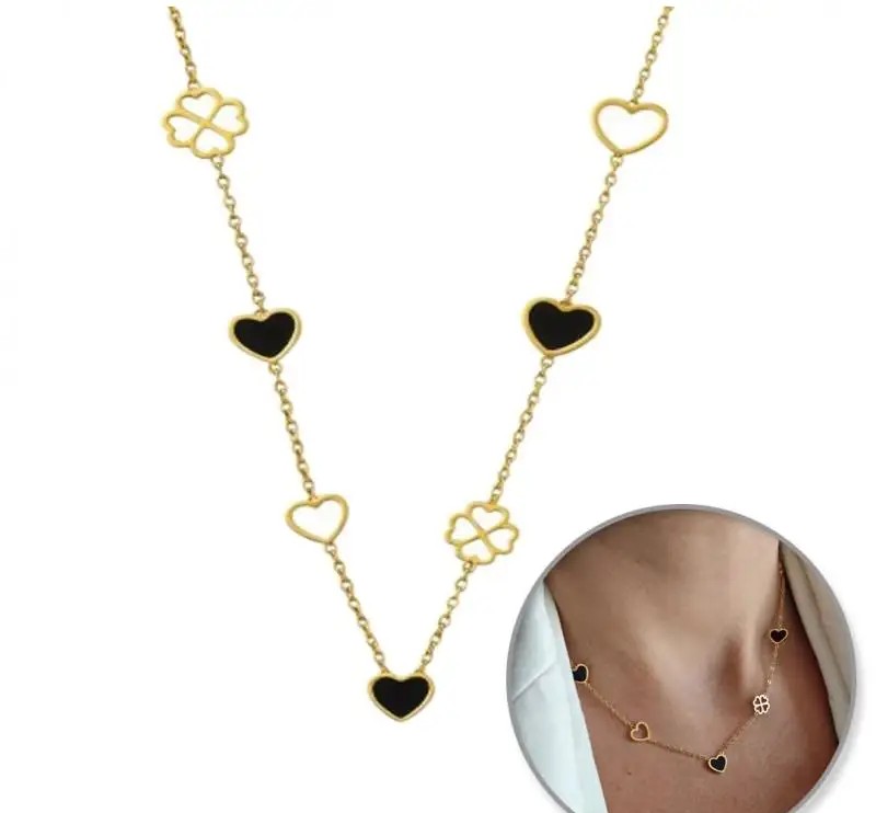 14k gold-plated stainless steel necklace, black HEARTS and clovers NST2195