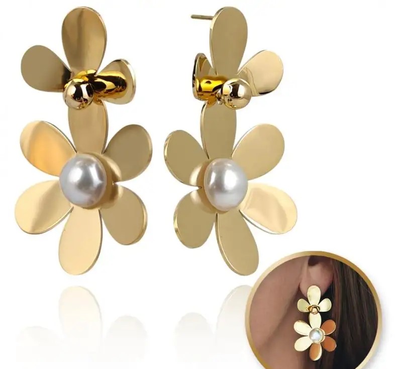 14k gold plated stainless steel earrings FLOWERS pearls KST3381