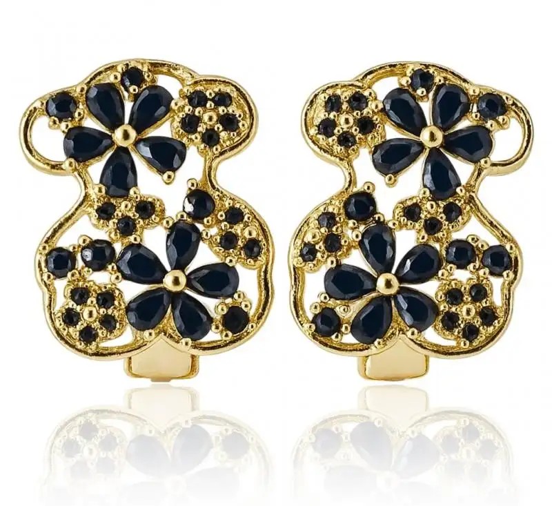 14k gold-plated stainless steel earrings, teddy bear with black cubic zirconia KST3535