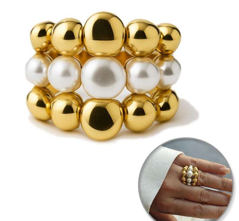 Gold-plated surgical steel ring, adjustable, PEARLS BALLS PST945