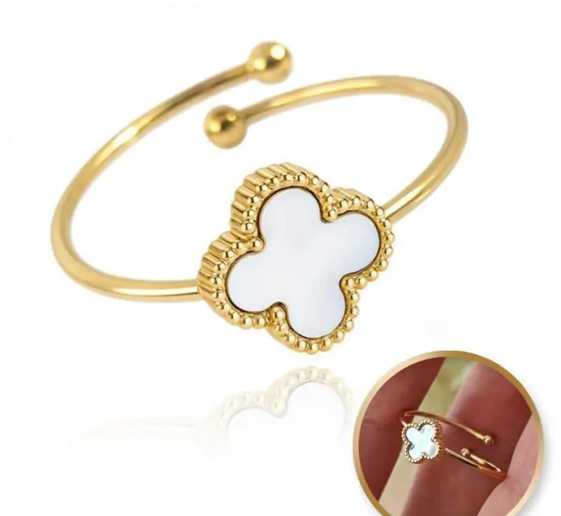 Gold-plated surgical steel ring, adjustable, mother-of-pearl clover PST952