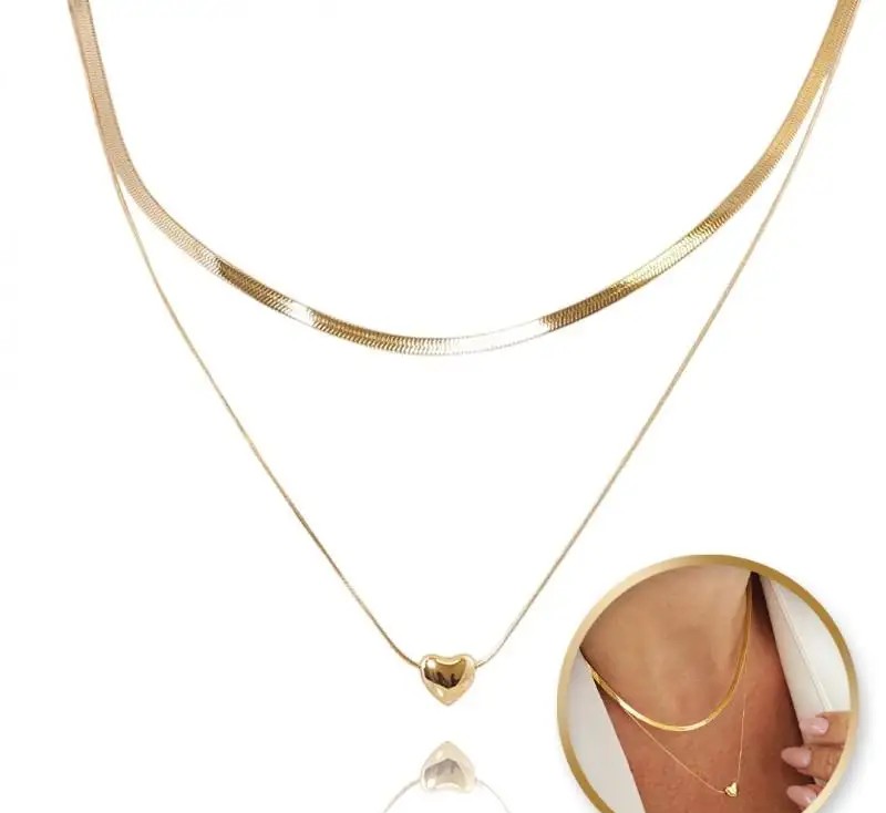 Double snake necklace, heart surgical steel gold-plated 14k gold NST2137