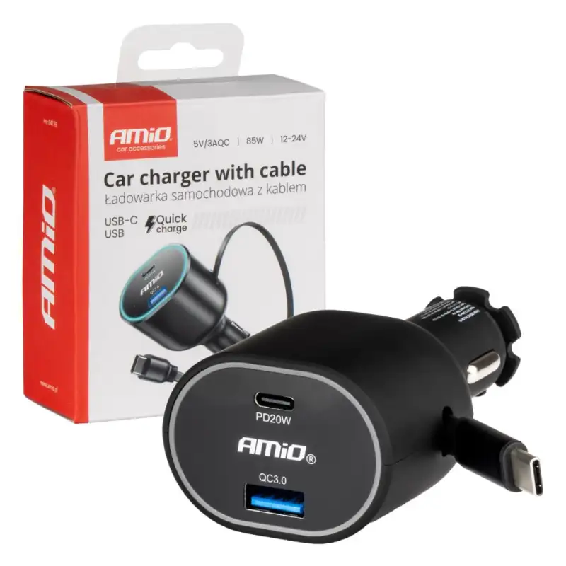 Fast Car Charger With Coiled Cable 50w PD30W PD20W QC3.0 USB A USB C Amio 04176