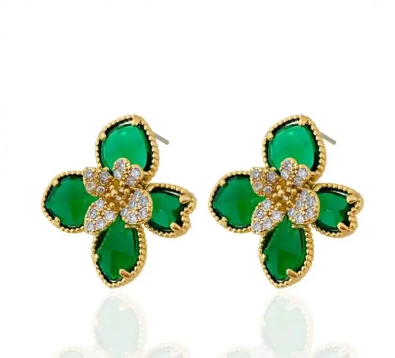 14k gold-plated stainless steel earrings with green flower zircons KST3472